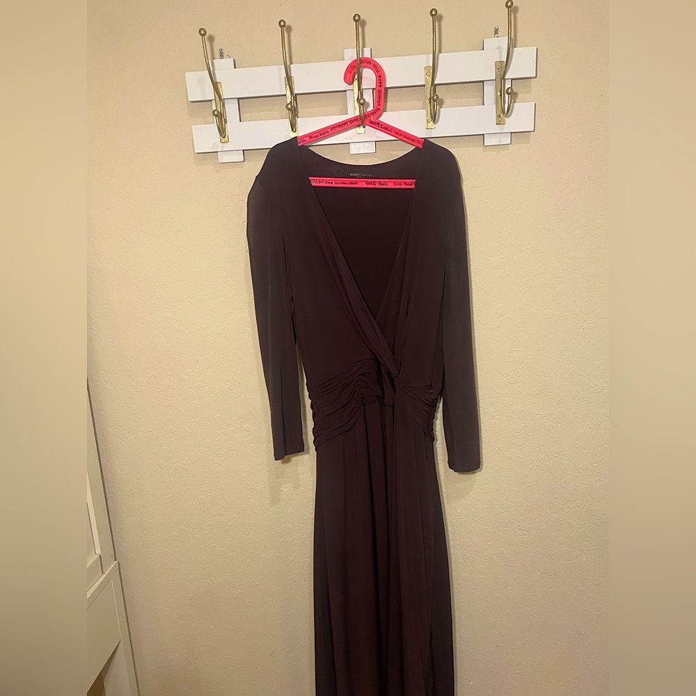 BCBGMAXAZARIA Brown Dress Small Deep V-Neck Ruched Waist